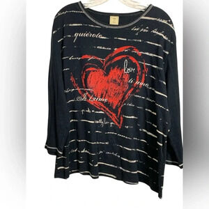 Jess & Jane 100% cotton, black w red & taupe 3/4 sleeve T-shirt w Love vibe